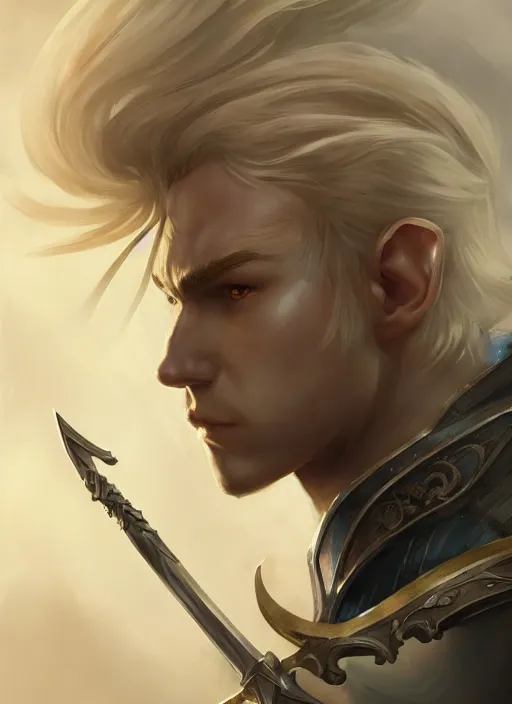 Prompt: Half-body portrait an elven princes with blonde hair and giant sword. In style of Hyung-tae Kim and Greg Rutkowski, concept art, trending on ArtStation, Korean MMORPG, over-detailed art, 8K, epic, dynamic lightning, dramatic pose.