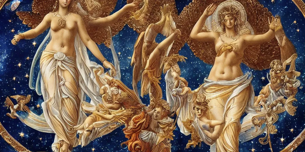 Prompt: majestic neorococo sistina saint Woman Venus godness Athena beautiful gracious pagans marble and gold in space stars clouds doves suns butterflies greeks, bioluminescent skin