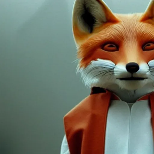 Prompt: a film still of a anthropomorphic fox wearing a lab coat in star wars realistic, detailed