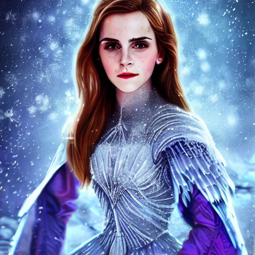 Image similar to Portrait shot of Emma Watson as the Queen of Ice, Ice crystal armor, snow falling, concept art, 4k, digital art, trending on art station, hd, doll, colorful backdrop