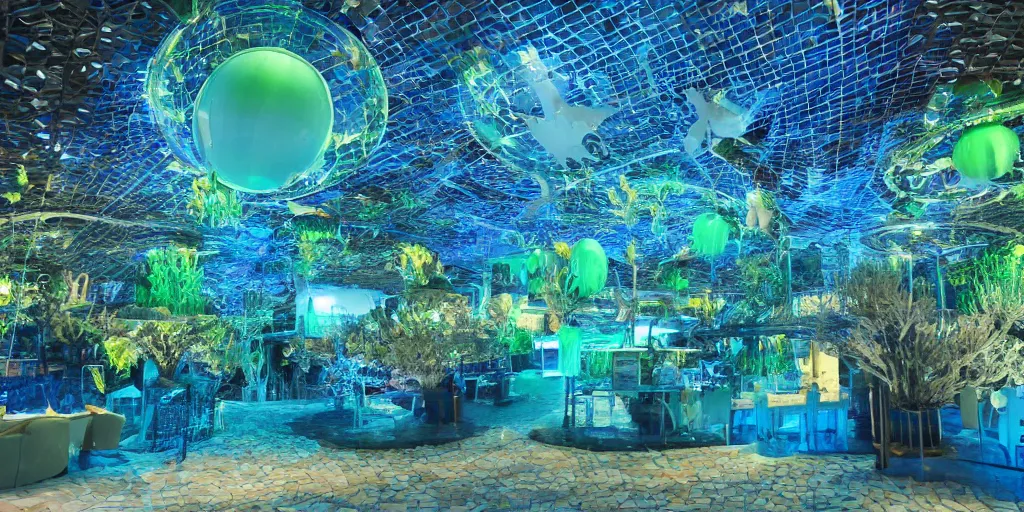 Image similar to underwater dome city with green and blue lights