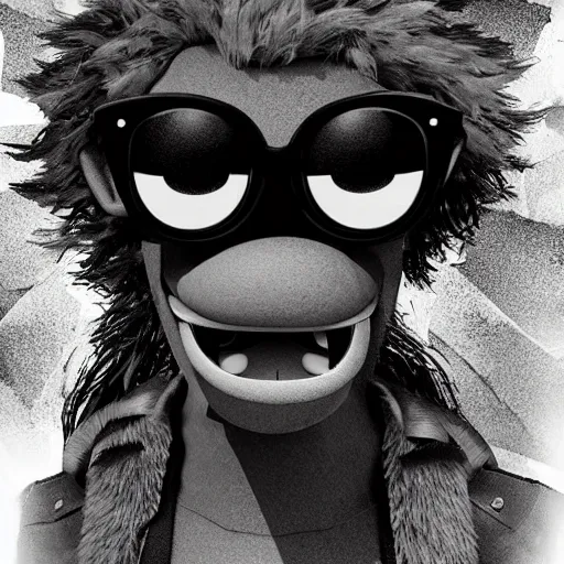 Prompt: an edgy Muppet monster character wearing sunglasses concept designs for a new resident evil video game