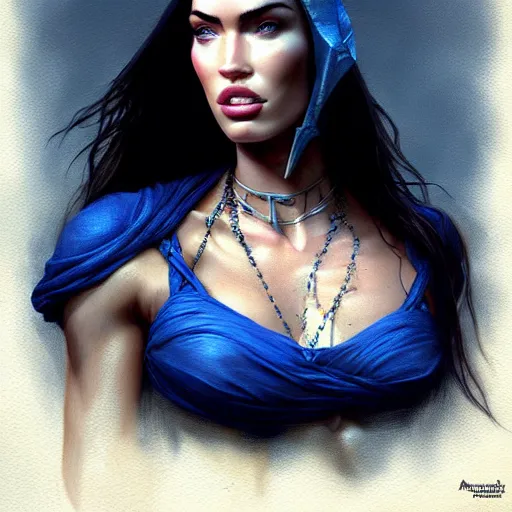 Image similar to ! dream portrait of megan fox blindfolded, muscular upper body, collar, greek, jewelry, blue dress, fantasy, intricate, elegant, highly detailed, digital painting, artstation, concept art, matte, sharp focus, illustration, art by aenaluck and roberto ferri and greg rutkowski, epic fantasy, digital painting