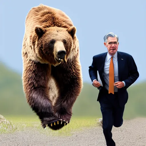 Prompt: Jerome Powell running from a bear