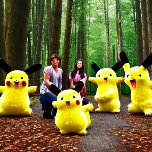 Image similar to photograph of a group of people worshipping a giant!!!, fluffy!!!, chubby!!!, pikachu in a forest, ultra realistic!!!, spring time, slight overcast weather, ( golden hour ), sharp focus