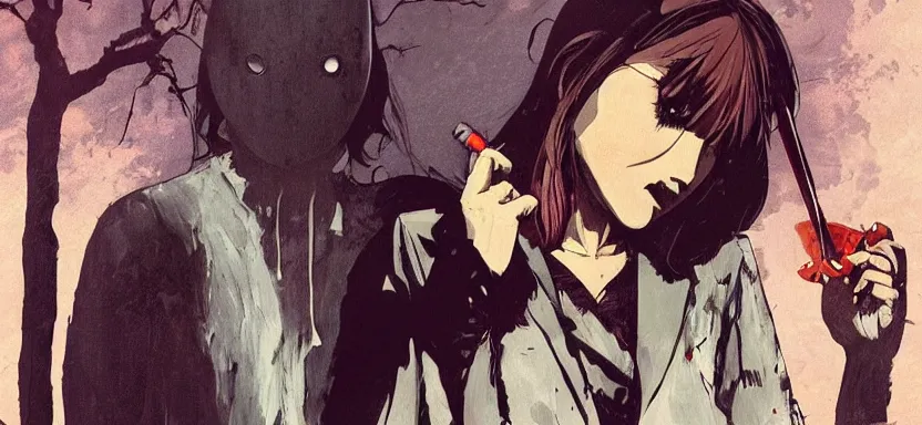 Prompt: a horror film slasher chases its victims, digital painting masterpiece, by ilya kuvshinov, by frank frazetta, by mœbius, by reiq, by hayao miyazaki, intricate detail, beautiful brush strokes, advanced lighting technology, 4 k wallpaper, interesting character design, stylized yet realistic anatomy and faces, inspired by kill bill animated scene