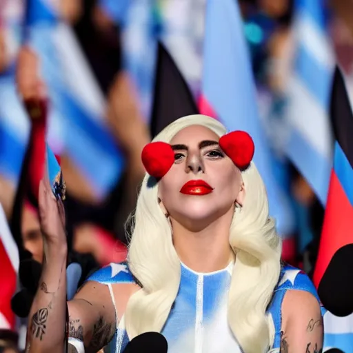 Image similar to Lady Gaga as president, Argentina presidential rally, Argentine flags behind, bokeh, giving a speech, detailed face, Argentina