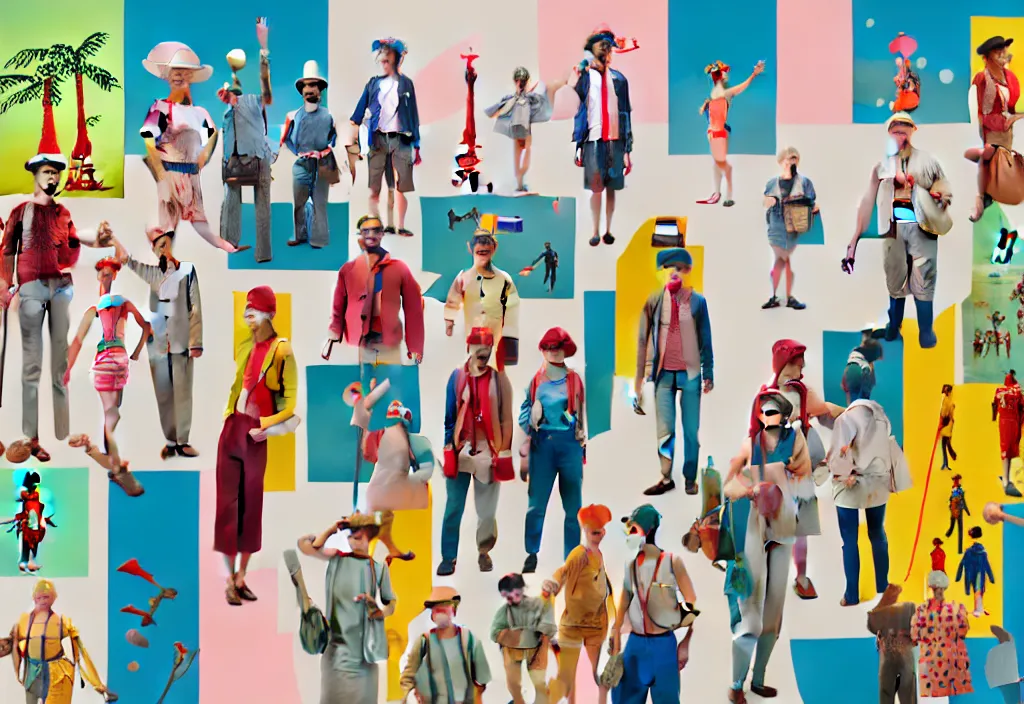 Prompt: full frame, a row of european tourists standing with a variety of poses and props, character designs, a collage painting, in the style of wes anderson, lola dupre, david hockney, isolated on negative white space background dark monochrome neon spraypaint accents volumetric octane render