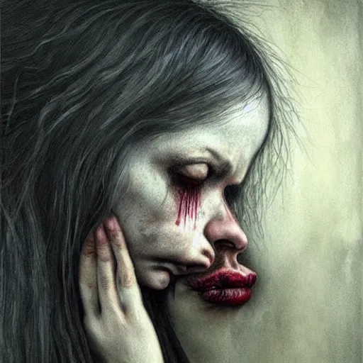 Image similar to a hyperrealistic painting of a beautiful gothic princess crying tears of blood, by Santiago Caruso, vivid color, highly detailed,