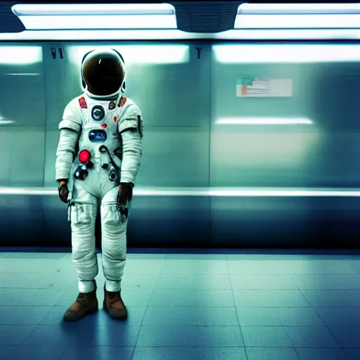 Image similar to a beautiful photo of an astronaut waiting in a subway station, 1970', soft light, morning light, photorealistic, realistic, octane, 8k, cinematic shot