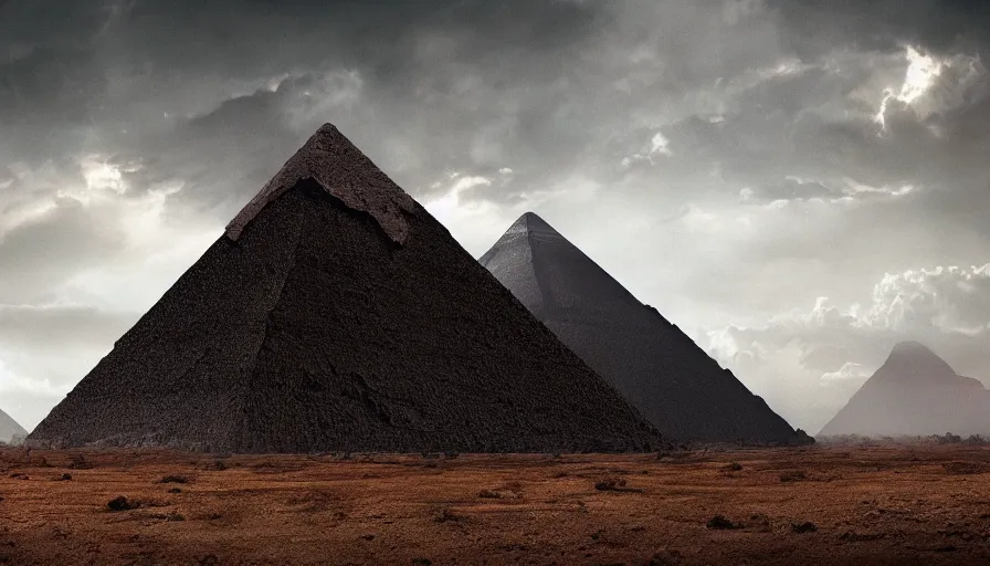 Image similar to a vast wasteland, 1 colossal black pyramid, dried leaves, dark clouds, cinematic lighting, trending on artstation, national geographic photography, digital painting, elaborate matte painting