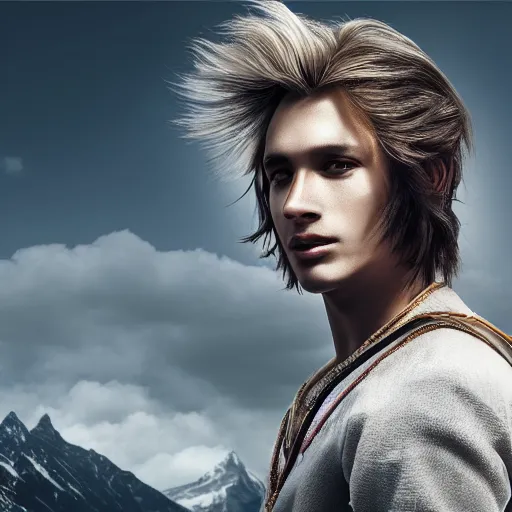 Prompt: a portrait of a young handsome prince, white fringy hair, epic beautiful landscape, backlit, incredible lighting, strong rim light, subsurface scattering, highly detailed, god rays, digital painting, HDRI, by Heise Jinyao, Heise-Lian Yan Fang, Feimo, Richard Taddei, vivid colors, high contrast, 8k resolution, intricate, photorealistic