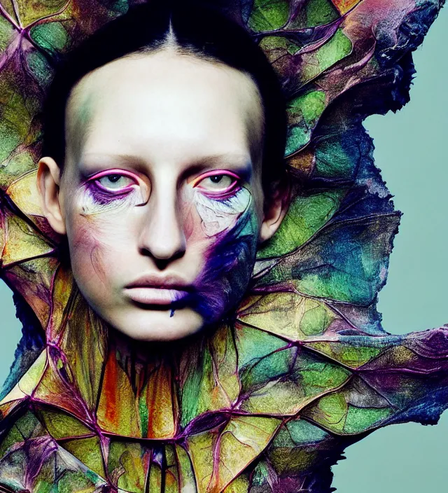Prompt: photography facial portrait of female fashion model, wearing organic futurist clothed designed by iris van herpen, with a subtle colorfull - makeup. sky forest background, natural pose, highly detailed, skin grain detail, photography by paolo roversi, nick knight, helmut newton, avedon, araki