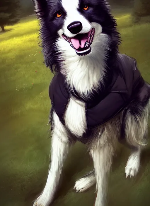 Image similar to wide angle beautiful full body portrait of a cute male anthropomorphic border collie fursona wearing a jacket in front of a park, character design by charlie bowater, henry asencio, and ross tran, furry art, furaffinity, scenic background, beautiful, fantasy, glamor pose, detailed, trending on artstation