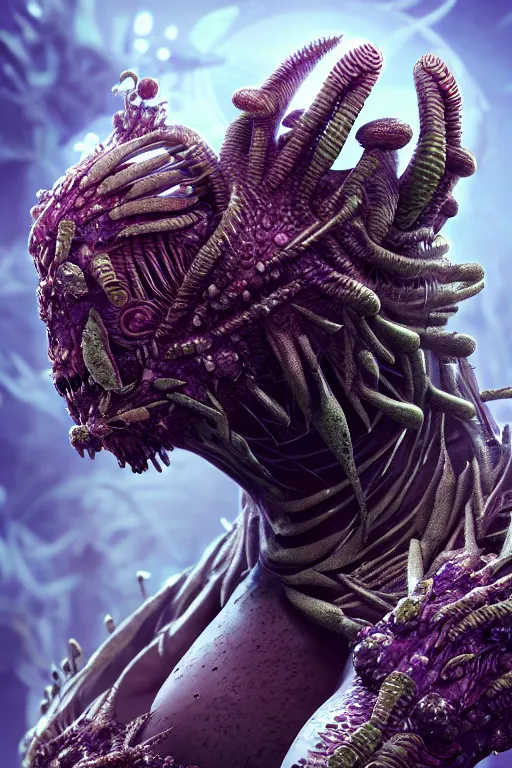 Prompt: skin concept costume, in full growth, biopunk, plant predator, predator, trypophobia, plants and worms, many details, crystals, guyver style, 3 d, cinematic, hyper realism, high detail, octane render, art by hans giger