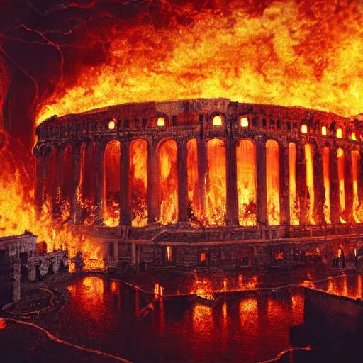 Image similar to Painting of the great fire of rome, abstract, realism, 8k, detailed, terror, octane render, 3d render, complex, emotion