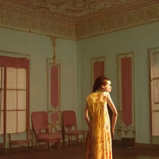 Image similar to a beautiful shiny girl in an soviet golden liminal abandoned room, film still by wes anderson, depicted by balthus, limited color palette, very intricate, art nouveau, highly detailed, lights by hopper, soft pastel colors