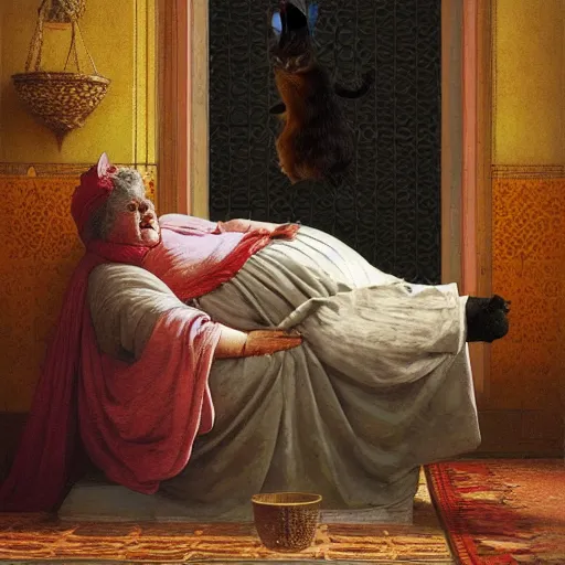 Image similar to a sweet fat old happy woman with a cat on her head. an artistic and poetic scene. jean - leon gerome, orientalism, academicism, angel, beautiful, highly detailed, color harmony, octane render, ornate, paul klee, flowers, window, zbrush, realism, darkness, alchemical, style of moebius