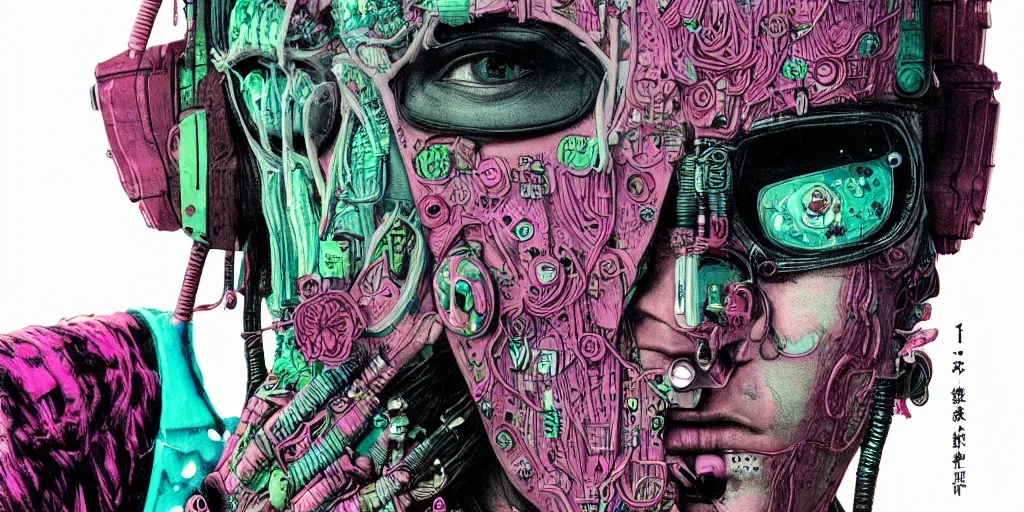 Image similar to risograph grainy drawing cyberpunk antagonist face wearing cyberpunk accessories, bright colors, with huge piercings, face covered with plants and flowers, by moebius and satisho kon and dirk dzimirsky close - up portrait, hyperrealistic