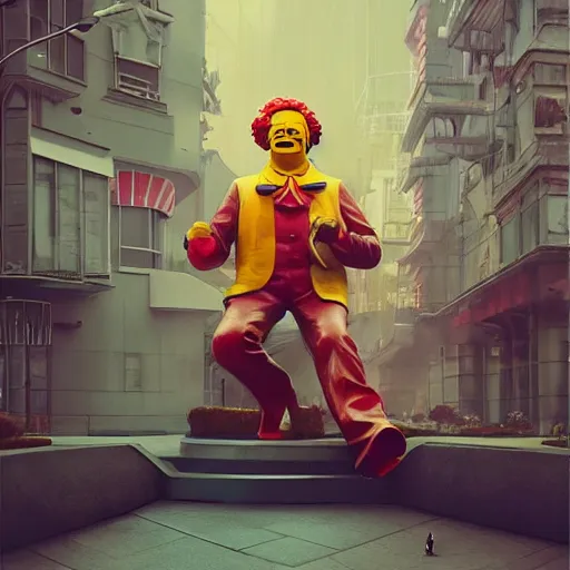 Image similar to ronald mcdonald statue in the world by beeple, darek zabrocki, tyler edlin, jordan grimmer, neil blevins, james paick, natasha tan, highly detailed, ultra detailed, ultra realistic, trending on artstation