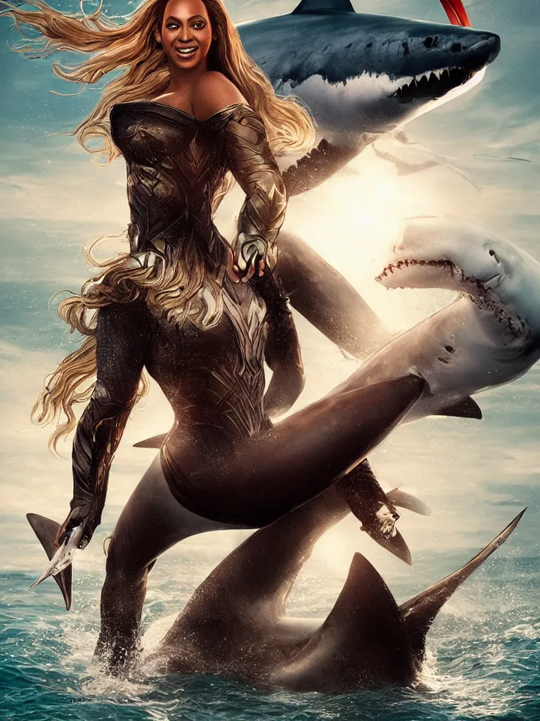 Image similar to regal portrait of superhero Beyonce riding a great white shark with a trident, extremely high detail, photorealistic, cinematic lighting, artstation inspired by Marvel movies