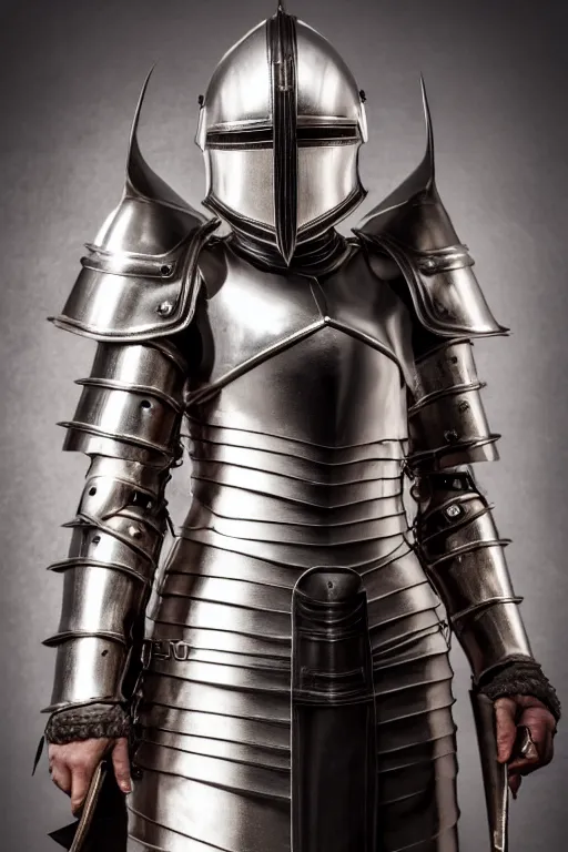 Image similar to dressed female knight, a medium armor, symmetrical, cinematic, elegant, demonic atmosphere, professional studio light, real dlsr photography, sharp focus, costume made by hans giger, 4 k, ultra hd, sense of awe