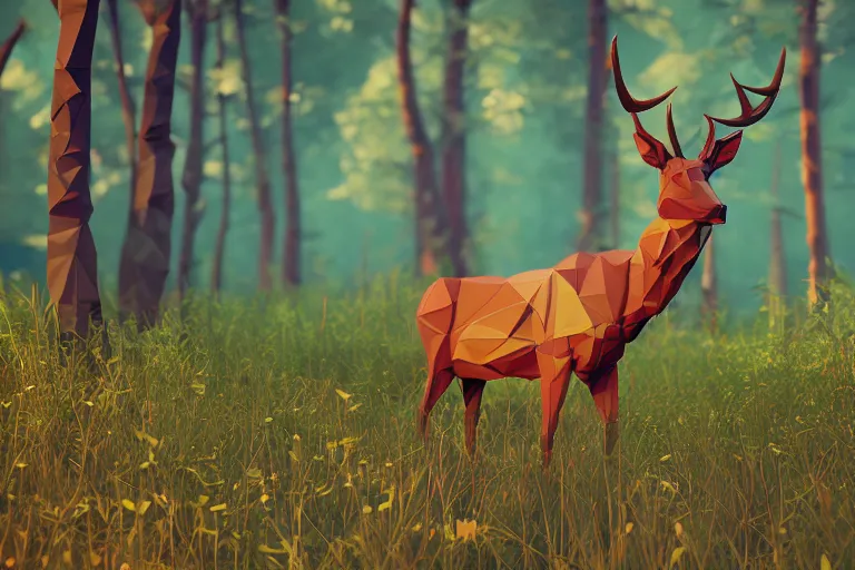 Image similar to super detailed lowpoly art, red deer in an undergrowth, unreal engine, retrowave color palette, 3 d render, lowpoly, earthy colors, digital art, perspective