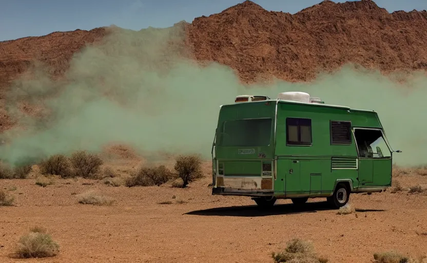 Prompt: a winnebago with green smoke from the top, in the desert, wide angle, cinematic