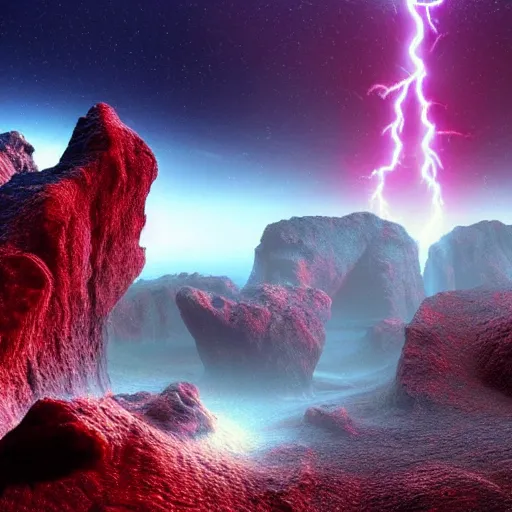 Image similar to a strange alien landscape, realistic, rocky, red and blue, blue particles, strange red particles, strange, alien - style, realistic, landscape, depth, movie lightning, realistic epic shaders, landscape