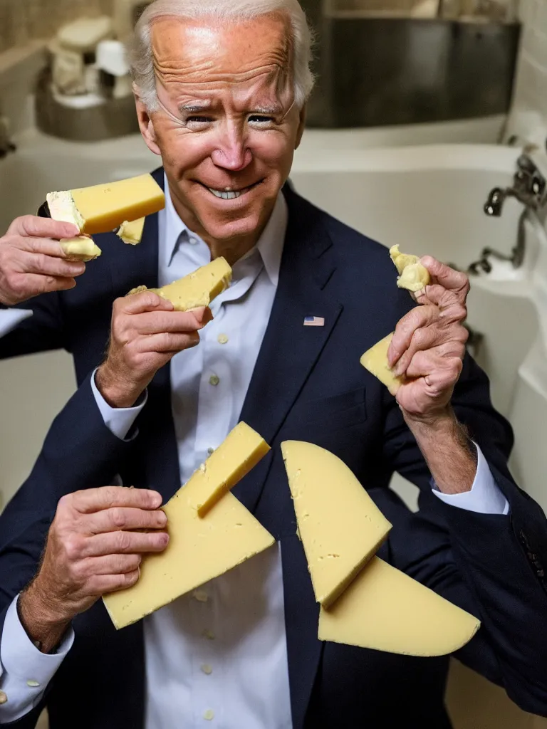 Image similar to Joe Biden eating cheese in a bathtub