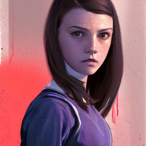 Prompt: portrait of a brunette thin teenager girl with blue eyes in gta 5, light stubble with red shirt, inside modern school ,digital art,photorealistoc,art by greg rutkowski,hyperdetailed,western comic style,comic,comic style,sharp lineart,professional lighting,deviantart,artstation,trevor henderson,rossdtaws,cinematic,dramatic