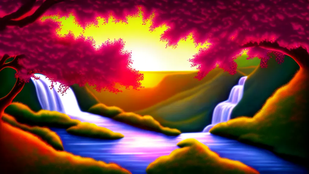 Image similar to featured on artstation cherry tree overlooking valley waterfall sunset beautiful image stylized digital art