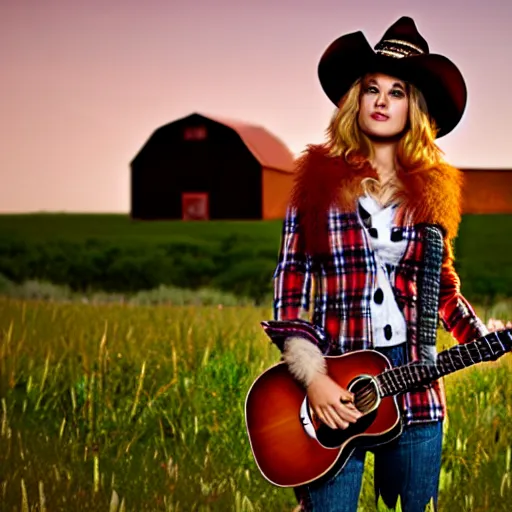 Image similar to a female fluffy anthropomorphic fox animal, wearing cowboy hat, wearing plaid shirt, playing guitar, in a field, barn in background, album cover style