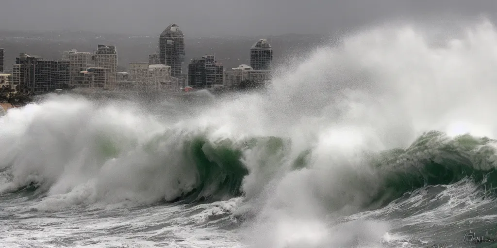 Image similar to tsunami over San Diego, Dramatic, realistic, perspective,