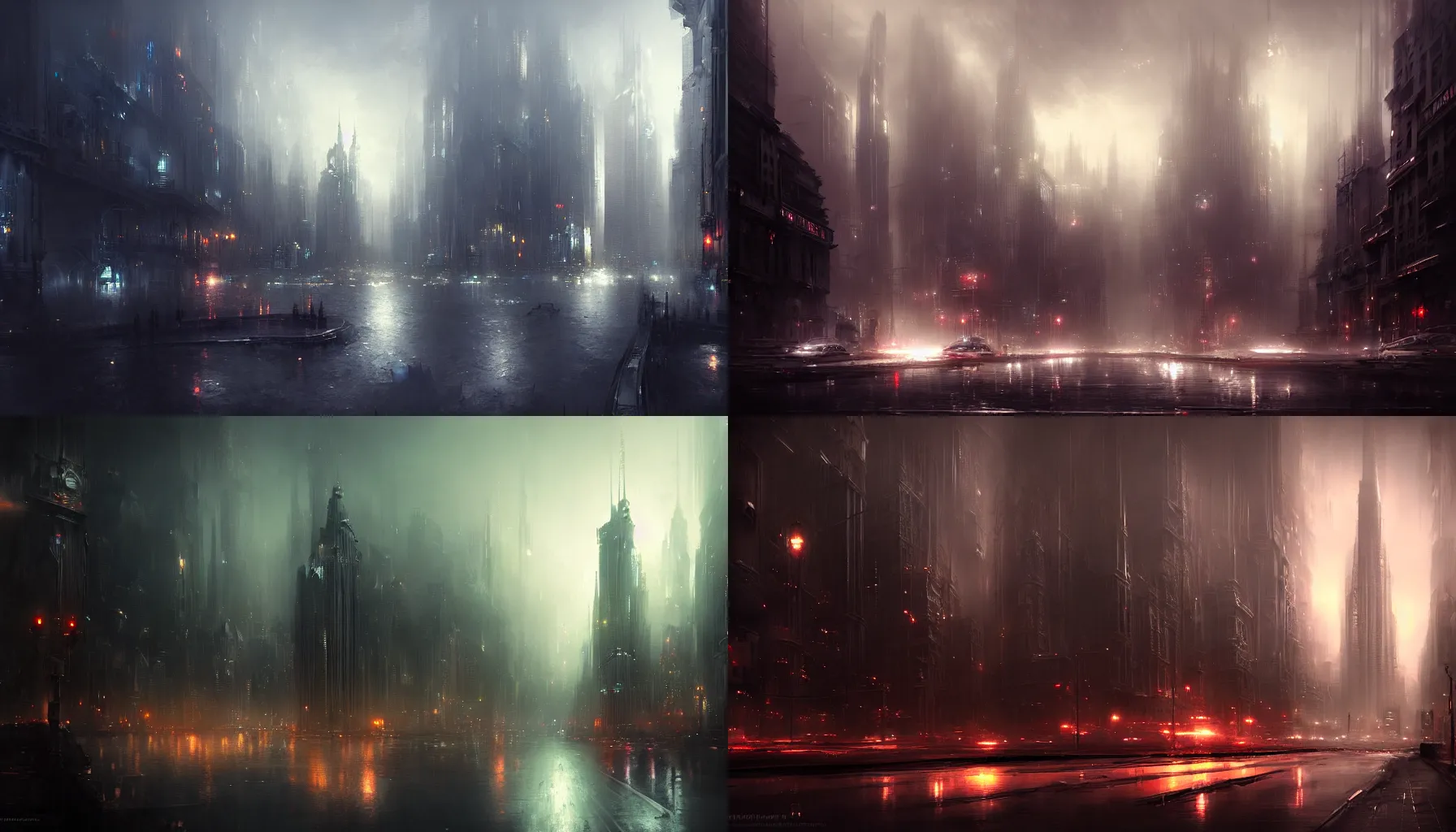 Prompt: concept art of a cityscape by emmanuel shiu, atmospheric, detailed, matte, godrays