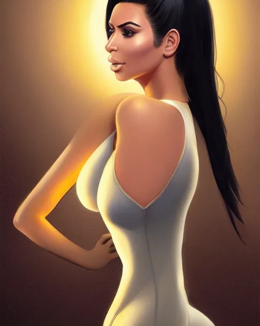 Image similar to full body portrait of kim kardashian in elegant leotard trending on artstation drawn by range murata and leyendecker extremely infinite detail and correct anatomy painting, trending girl portrait by range murata and leyendecker extremely detailed image, volumetric lighting art most fine lighting most fine face most fine beautiful art