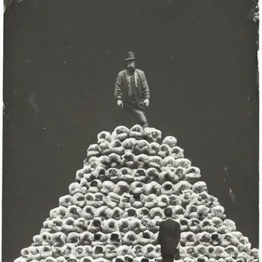 Image similar to a man standing on top of countless skulls, vintage picture from the early 1900’s