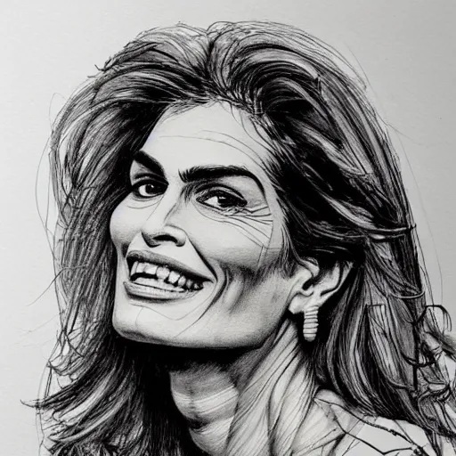 Prompt: a realistic yet scraggly portrait sketch of the side profile of a happy cindy crawford, trending on artstation, intricate details, in the style of frank auerbach, in the style of sergio aragones, in the style of martin ansin, in the style of david aja, in the style of mattias adolfsson