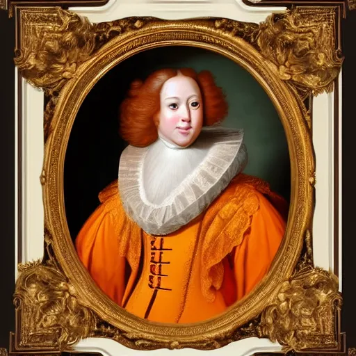 Prompt: baroque portrait of an orange fluffy cat in regal clothes
