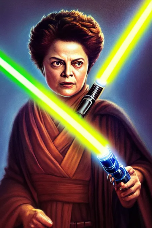 Prompt: breathtaking detailed concept art painting of a jedi dilma rousseff holding a lightsaber, by hsiao - ron cheng, exquisite detail, extremely moody lighting, 8 k