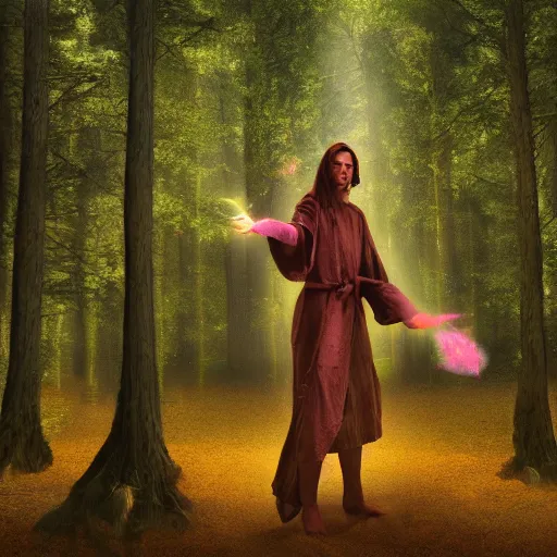 Image similar to A mage casting a spell in a forest, digital art, hyper real