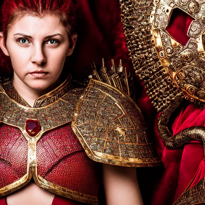 Image similar to full body photo of a beautiful strong warrior queen wearing ruby encrusted armour, highly detailed, 4 k, hdr, smooth, sharp focus, high resolution, award - winning photo