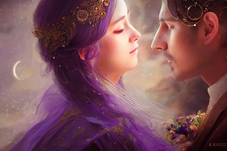 Image similar to a dreamlike cinematic portrait of wedding photograph close up moment of a divine a russia sun god and moon goddess lovers magician at a wedding banquet. portraiture. digital painting. artstation. concept art. fantasy wedding photo. digital painting, 8 k realistic, hyper detailed, violet evergarden art masterpiece by art by krenz cushart