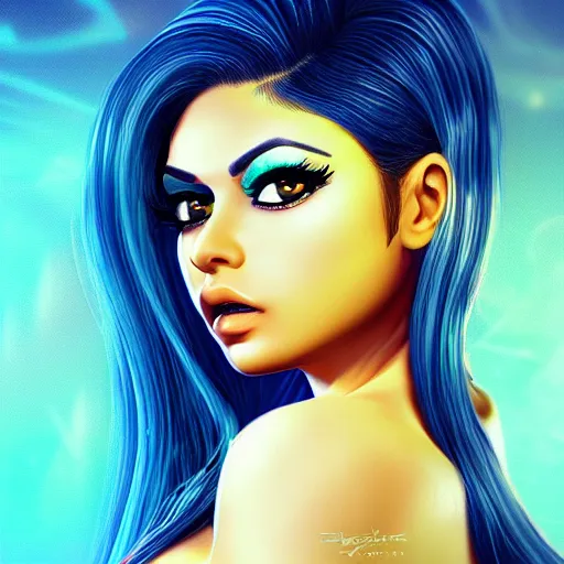 Image similar to portait of haifa wehbe, perfect lips, long hair blue yellow centred, hd, digital painting, unreal engine, final fantasy style, amazing red orange background theme