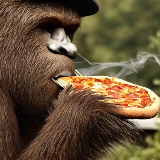 Image similar to bigfoot smoking weed while eating a pizza