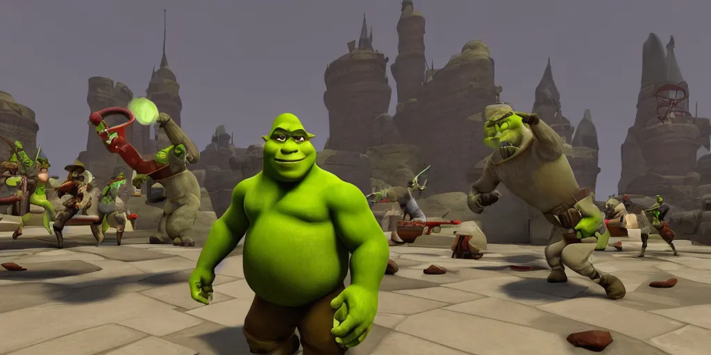 Prompt: shrek in team fortress 2 on the red team playing upward, realistic 4 k octane beautifully detailed render, 4 k post - processing, highly detailed, intricate complexity, epic composition, magical atmosphere, cinematic lighting, masterpiece, ultra hd