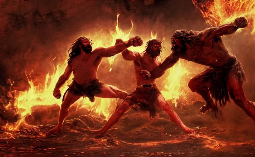 Prompt: hyperrealistic photo of Jesus Christ punching red-skinned Satan devil demon in the face on the floor of the Roman Coliseum, 8k cinematic, epic fight scene, directed by Michael Bay, Doom Eternal, interpretation of Hell on Earth