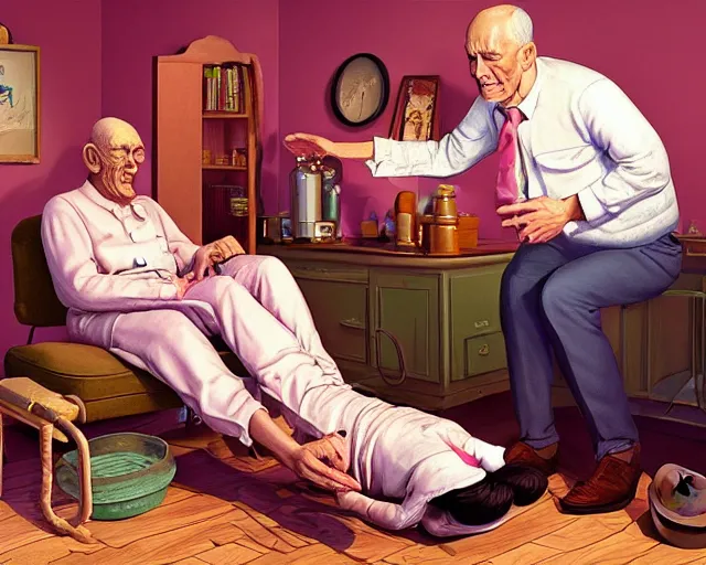 Image similar to the famous snake oil salesman Uncle Aloysius curing a patient of the pink wojacity, painting by Grant Wood, 3D rendering by Beeple, sketch by R. Crumb