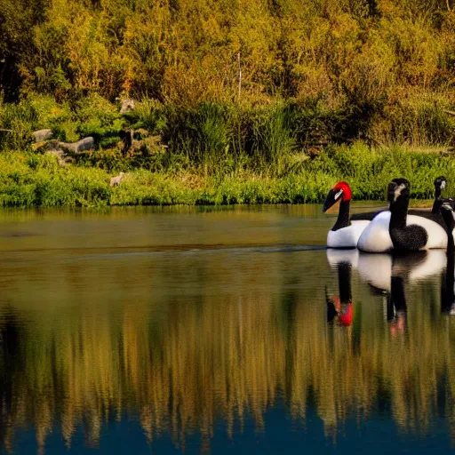 Image similar to photo of two black swans touching heads in a beautiful reflective mountain lake, a colorful hot air balloon is flying above reflecting off water, hot air balloon, intricate, 8k highly professionally detailed, centered, HDR, CGsociety