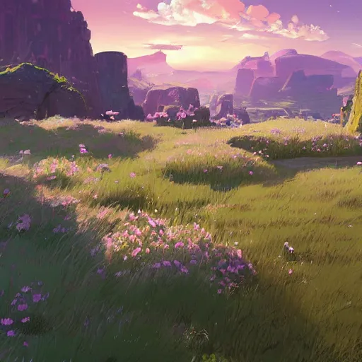 Prompt: pastel landscape of an open rocky field. a few flowers. clean sharp digital art, environment concept art, by rossdraws, ghibli, breath of the wild, greg rutkowski